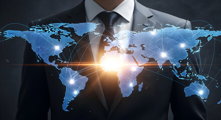 Global Network Connectivity Depicted with Digital World Map Overlay on Businessman in Suit Representing International Business and Worldwide Communication Growth with Light Burst Effect, Power