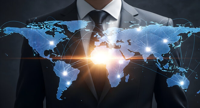 Global Network Connectivity Depicted with Digital World Map Overlay on Businessman in Suit Representing International Business and Worldwide Communication Growth with Light Burst Effect, Power