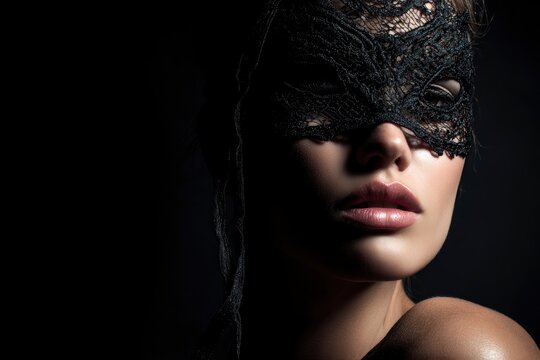 A woman with a black lace mask over her eyes Dramatic lighting highlights her lips and shoulder against a dark background