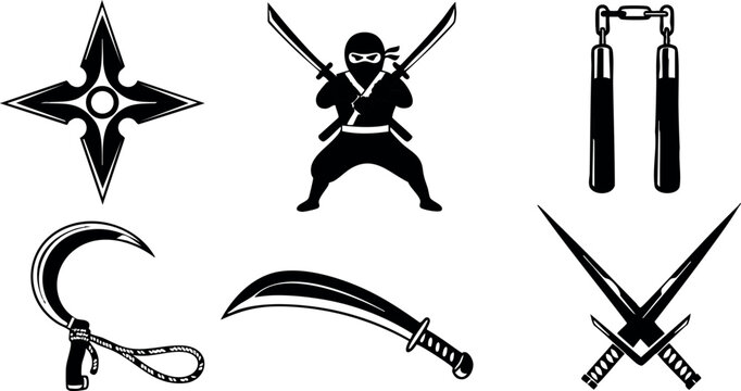 Ninja weapons collection shuriken, nunchaku, kama, katana, sai, ninja silhouette vector illustration