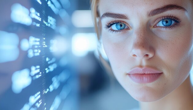 Focused woman with data interface