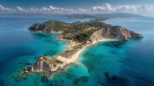 An aerial view showcases the stunning island of Marathonisi, surrounded by vibrant turquoise waters and soft sandy beaches. The beautiful island is highlighted by lush greenery and