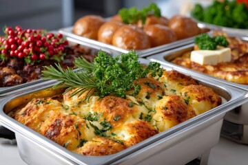 Fototapeta premium Buffet food serving mashed potato casserole with herbs