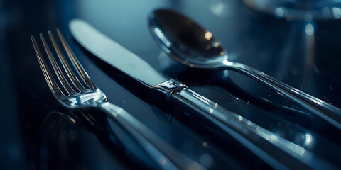 Close-up elegant fork knife and spoon arranged on dark reflective surface with dim formal lighting