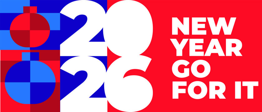 Stunning horizontal New Year 2026 banner, featuring a red and blue checkerboard pattern with Christmas decorations and a high-impact motivational message Go for it in the New Year!