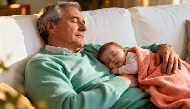 Grandfather and newborn baby sleeping together on a couch at home. A tender moment of family bonding between generations