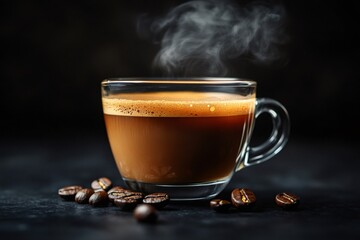 Steaming hot espresso coffee in glass cup with beans