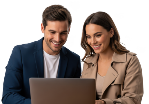 Young professionals collaborate happily using a laptop together in a studio setting transparent background