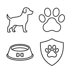 Dog icons paw print food bowl shield and silhouette for pet care