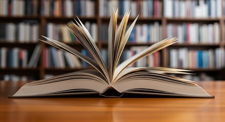 An open book with pages fanned out on a wooden table in front of bookshelves