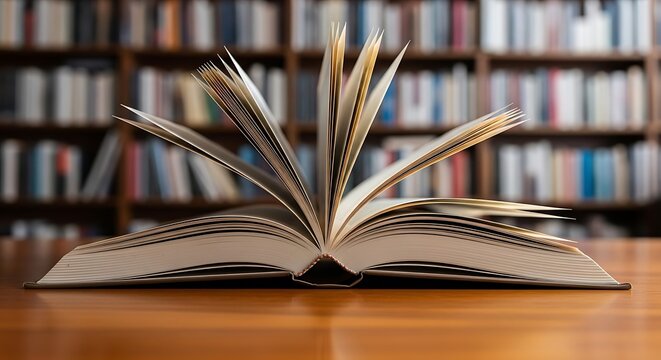 An open book with pages fanned out on a wooden table in front of bookshelves