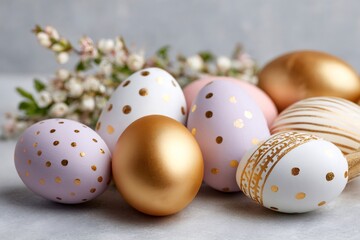 Obraz premium Decorative Easter eggs with golden details and spring flowers