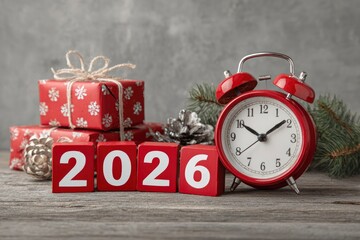 Red blocks spelling 2026 gifts a pinecone tree branch and an alarm clock rest on a wood surface A grey wall is in the background