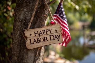 Wooden Happy Labor Day sign hangs from a tree next to an American flag