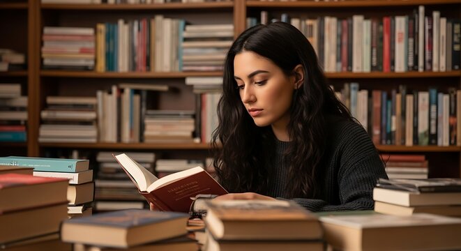 Young woman engrossed in reading a book amidst a vast collection of books