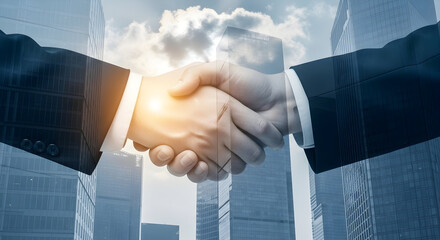 Strategic Business Partnership Handshake Against Skyline Creates Synergy for Corporate Venture Agreement and Global Collaboration Between Executive Professionals in Successful Agreement and Trust