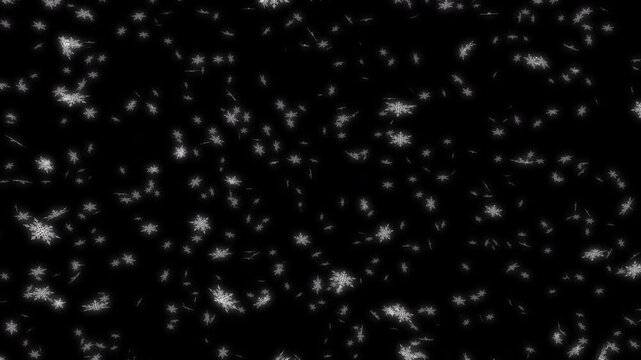 Glowing white snow falling down from top to bottom on black background while the camera moving backward. For Merry Christmas, Happy Holidays, Season's greetings, Happy Valentine's day and wedding cere