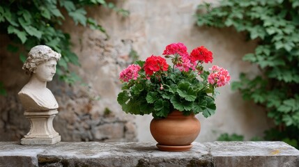 Geranium flowers blooming terracotta pot classical bust