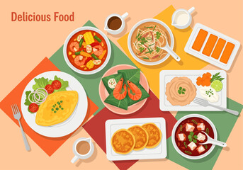 A vibrant top-down illustration showcases a diverse spread of appetizing meals, from savory soups and seafood to breakfast items, on a geometric tablecloth