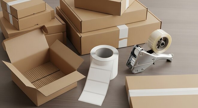 Cardboard boxes and packing supplies for shipping and moving.