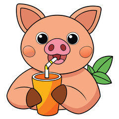 Cheerful cartoon pig drinking from a cup of orange beverage cute animal