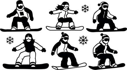 Snowboarders in action winter sports vector collection with six dynamic snowboard riders in black and white