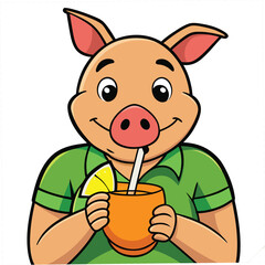 Cheerful Cartoon Pig Wearing Green Shirt Drinking From Orange Cup Keywords: pig, cartoon, character, animal