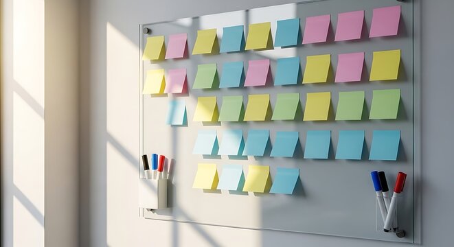 Colorful Sticky Notes on Clear Board for Planning and Organization.
