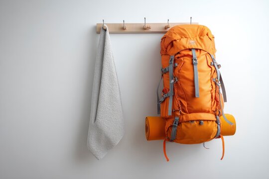 Backpack  towel hang on wooden rack against a white wall