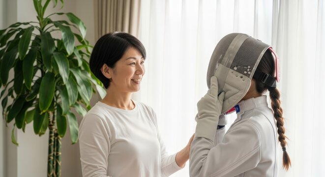 Smiling woman helping young fencer put on her mask indoors in a bright and well-lit room - Powered by Adobe