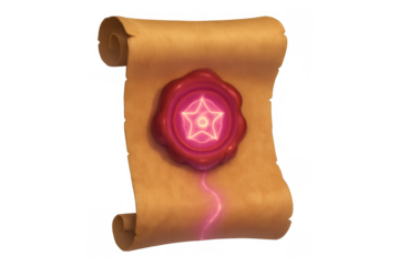 Fantasy magic scroll with glowing star wax seal, parchment rolling, ancient decree, spellcasting illustration