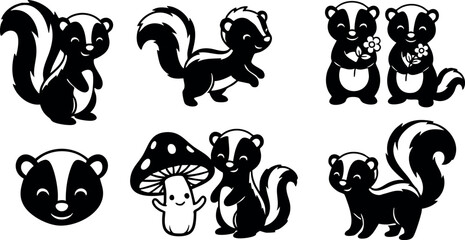 Obraz premium Skunk cartoon vector set with mushroom and flowers cute black and white wildlife illustrations collection