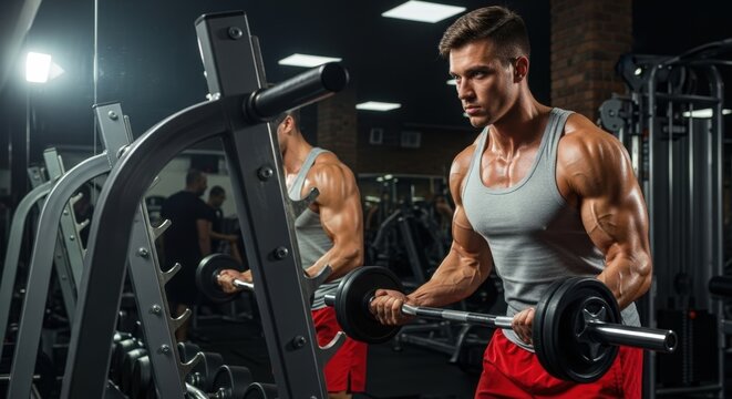 Young muscular man lifting a barbell, doing bicep curls in a gym, demonstrating strength and focus