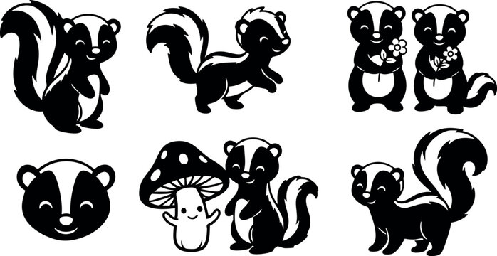 Skunk cartoon vector set with mushroom and flowers cute black and white wildlife illustrations collection