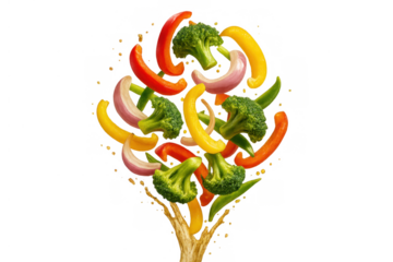 Freshly chopped broccoli, red and yellow bell peppers, and red onion pieces, with green vegetables and seasoning, splashing upwards