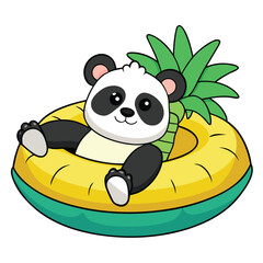 Cute cartoon panda relaxing on a pineapple float in water bear animal