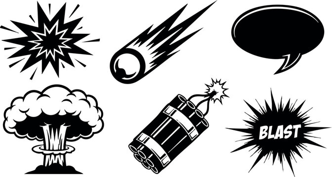 Explosive blast bomb mushroom cloud meteor speech bubble comic vector set collection
