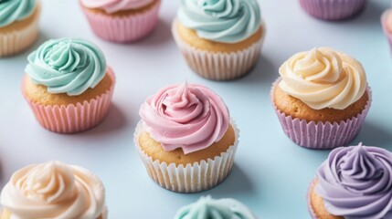Close up of delicious cupcakes with colorful pastel frosting