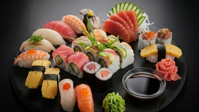 Delicious sushi and sashimi platter with various types of sushi rolls and nigiri