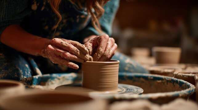 In a serene ceramics studio, a skilled woman potter expertly crafts a pottery cup from raw clay, using her hands to shape the form with care. The woman potter focuses intently on h