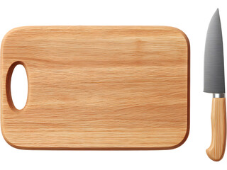 Wooden cutting board with stainless steel knife isolated on transparent background, ideal for culinary and kitchen-themed designs.