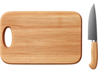 Wooden cutting board with stainless steel knife isolated on transparent background, ideal for culinary and kitchen-themed designs.