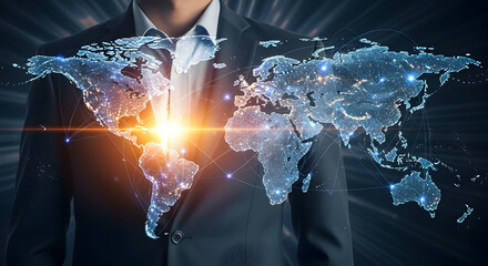 Global Business Network Concept Featuring a World Map Overlay on a Businessman's Suit Representing International Connections Corporate Strategy and Worldwide Expansion in Digital Era Connectivity