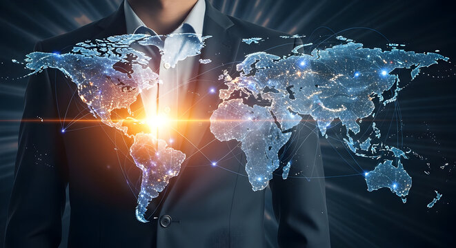 Global Business Network Concept Featuring a World Map Overlay on a Businessman's Suit Representing International Connections Corporate Strategy and Worldwide Expansion in Digital Era Connectivity