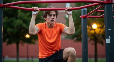 Athletic young man with chalked hands gripping red pull-up bar at outdoor park gym in the evening.