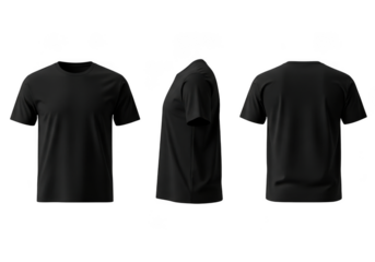 Three views of a plain black t-shirt front side and back mockup transparent background