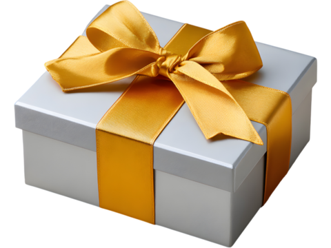 Elegant silver gift box with shiny golden ribbon and bow isolated on transparent background, perfect for festive or luxury packaging design.