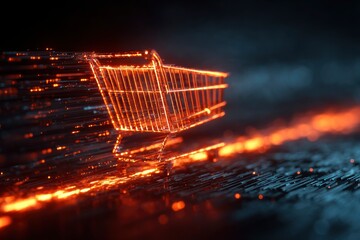 A glowing shopping cart moves quickly leaving streaks of light in a dark environment