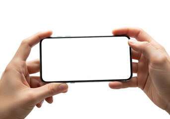 Hands holding modern smartphone displaying blank screen for content creation transparent background