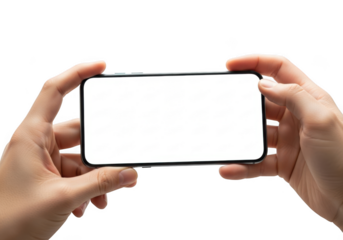 Hands holding modern smartphone displaying blank screen for content creation transparent background